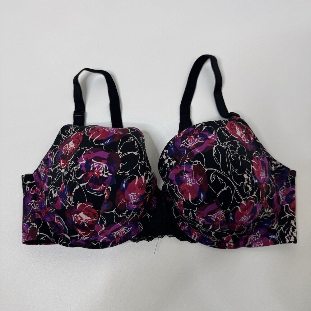 Torrid Bra 40D 360 Back Smoothing Push Up T Shirt Black Multi Floral Underwire